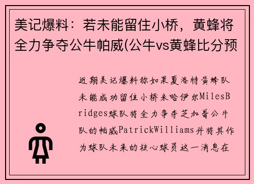 美记爆料：若未能留住小桥，黄蜂将全力争夺公牛帕威(公牛vs黄蜂比分预测)