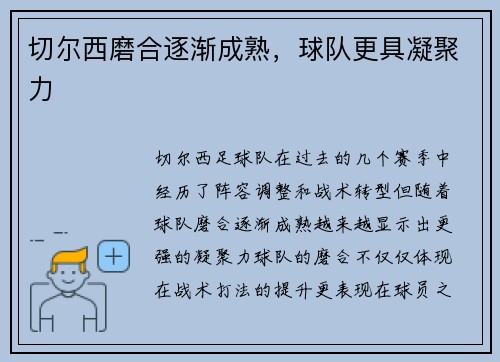 切尔西磨合逐渐成熟，球队更具凝聚力