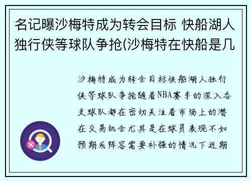 名记曝沙梅特成为转会目标 快船湖人独行侠等球队争抢(沙梅特在快船是几号球衣)